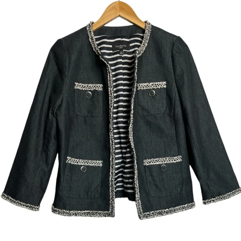 Talbots Lady Jacket Black Chambray Tweed Fringe 8P